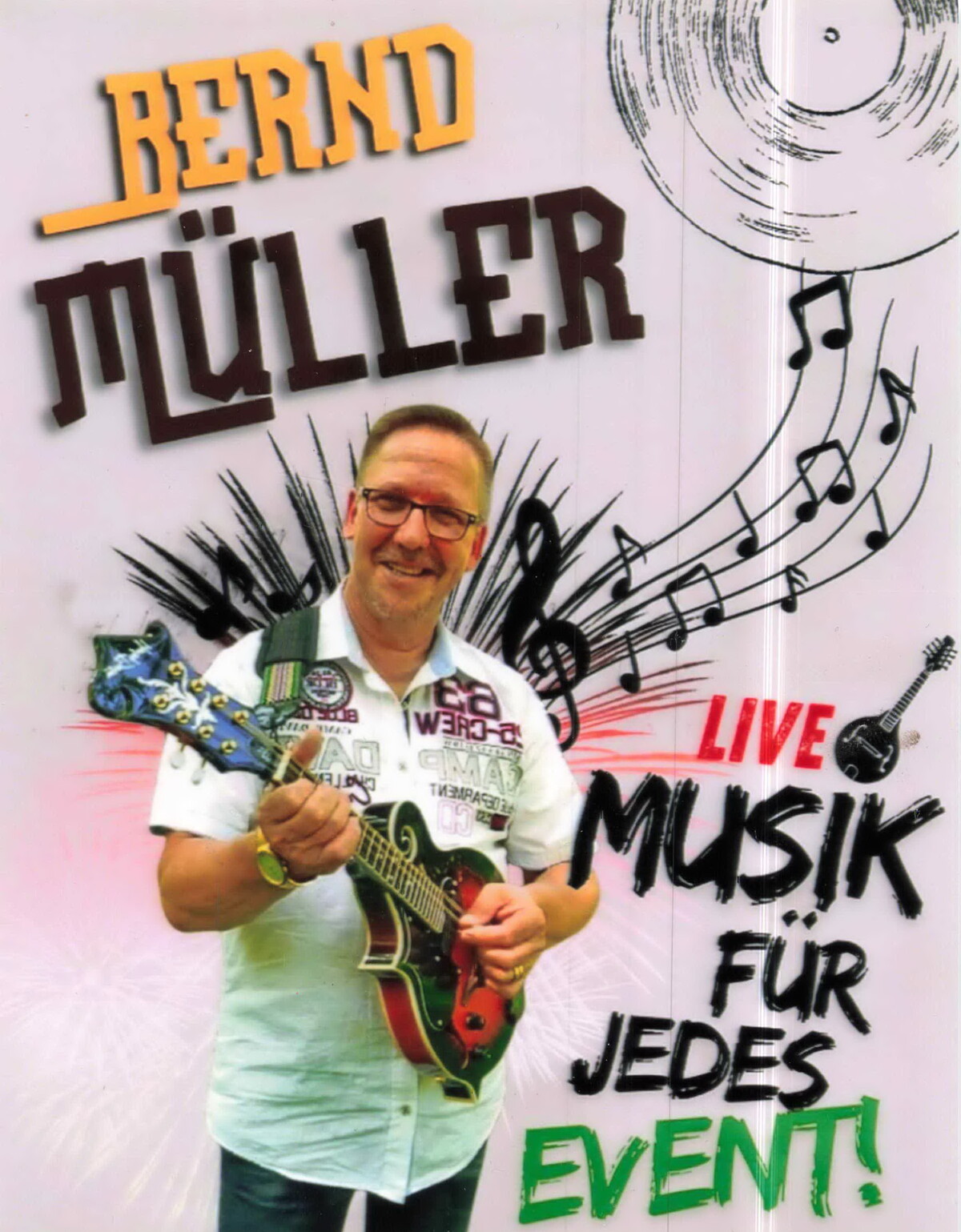 Bernd Müller Flyer mit Mandoline, Schriftzug Live Musik für jedes Event