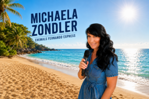 Michaela Zondler, ehemalige Frontfrau von Fernando Express, am Strand mit Mikrofon, Banner mit Schriftzug Michaela Zondler ehemals Fernando Express