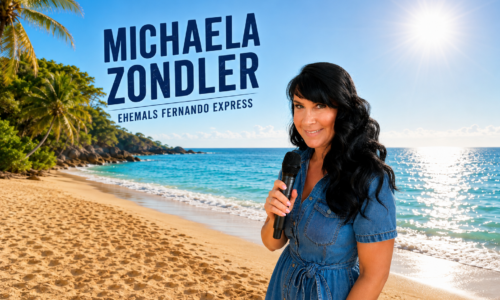 Michaela Zondler, ehemalige Frontfrau von Fernando Express, am Strand mit Mikrofon, Banner mit Schriftzug Michaela Zondler ehemals Fernando Express