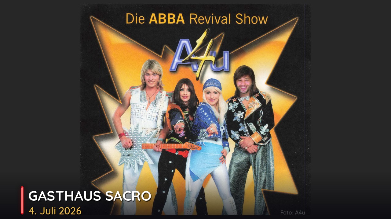ABBA Revival Show A4u im Gasthaus Sacro am 4. Juli 2026 ABBA Revival Show A4u im Gasthaus Sacro am 4. Juli 2026 - die vier Musiker in glitzernden 70er-Buehnenkostuemen