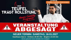 Der Teufel trägt Rollstuhl mit Tan Caglar – Veranstaltung am 17.09.2026 abgesagt, neuer Termin Samstag 16.01.2027 im Gasthaus Sacro